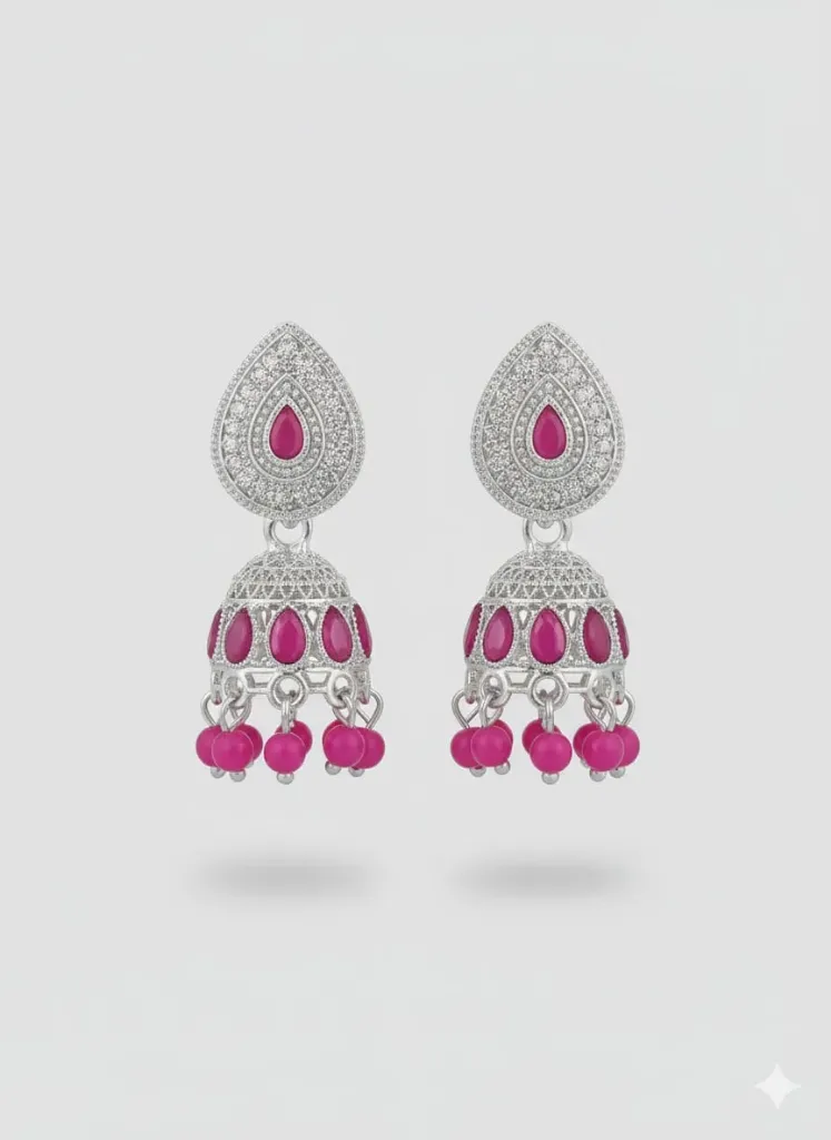 silver-plated jhumka earrings with pink stone